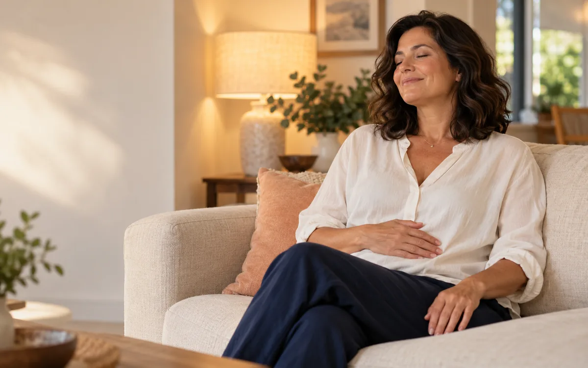 Woman sitting calmly with a hand on her belly, breathing slowly